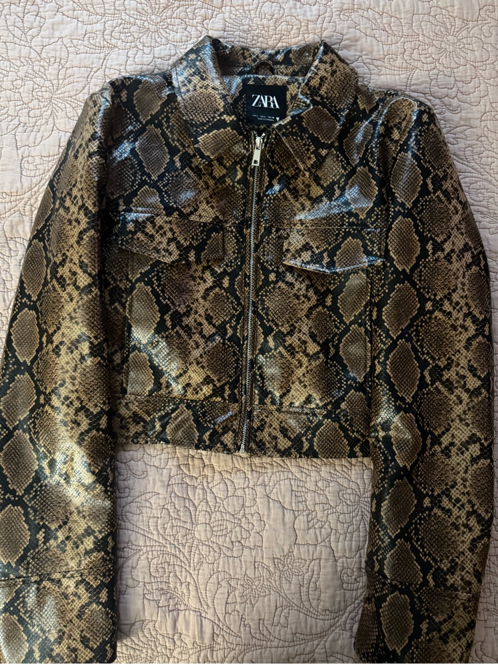 ZARA Snake-Print Cropped Faux Leather Jacket in Brown and Black